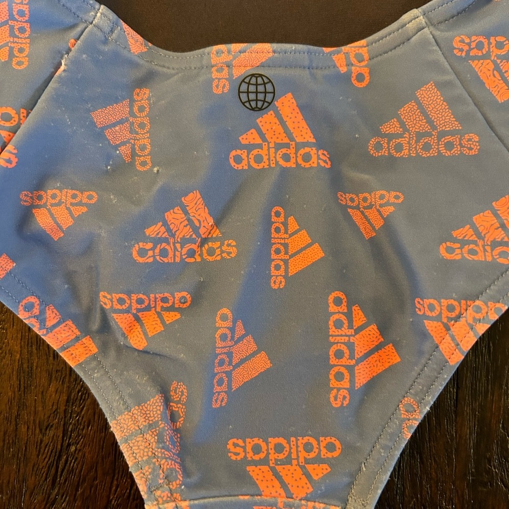 adidas Girls Light Blue One-Piece Swimsuit with Pink Logo Print - Picture 3 of 5